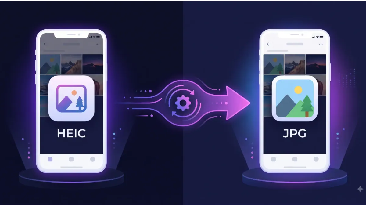 HEIC to JPG Converter Free Online (No Signup) – ConvertGalaxy 2026 Guide illustrationHEIC to JPG converter showing iPhone photo converting to JPG format online